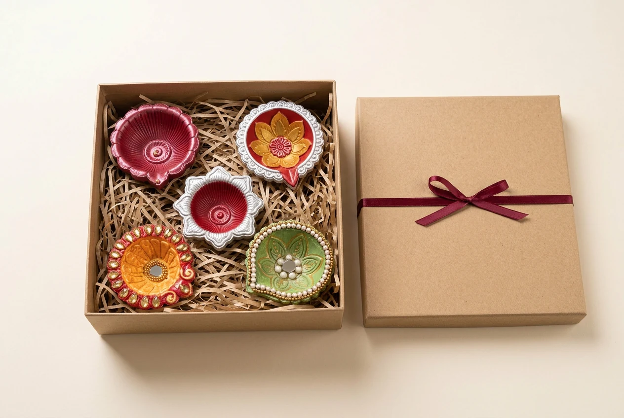 Illustrative mixed diya hamper in a plain kraft box with shredded filler and burgundy ribbon
