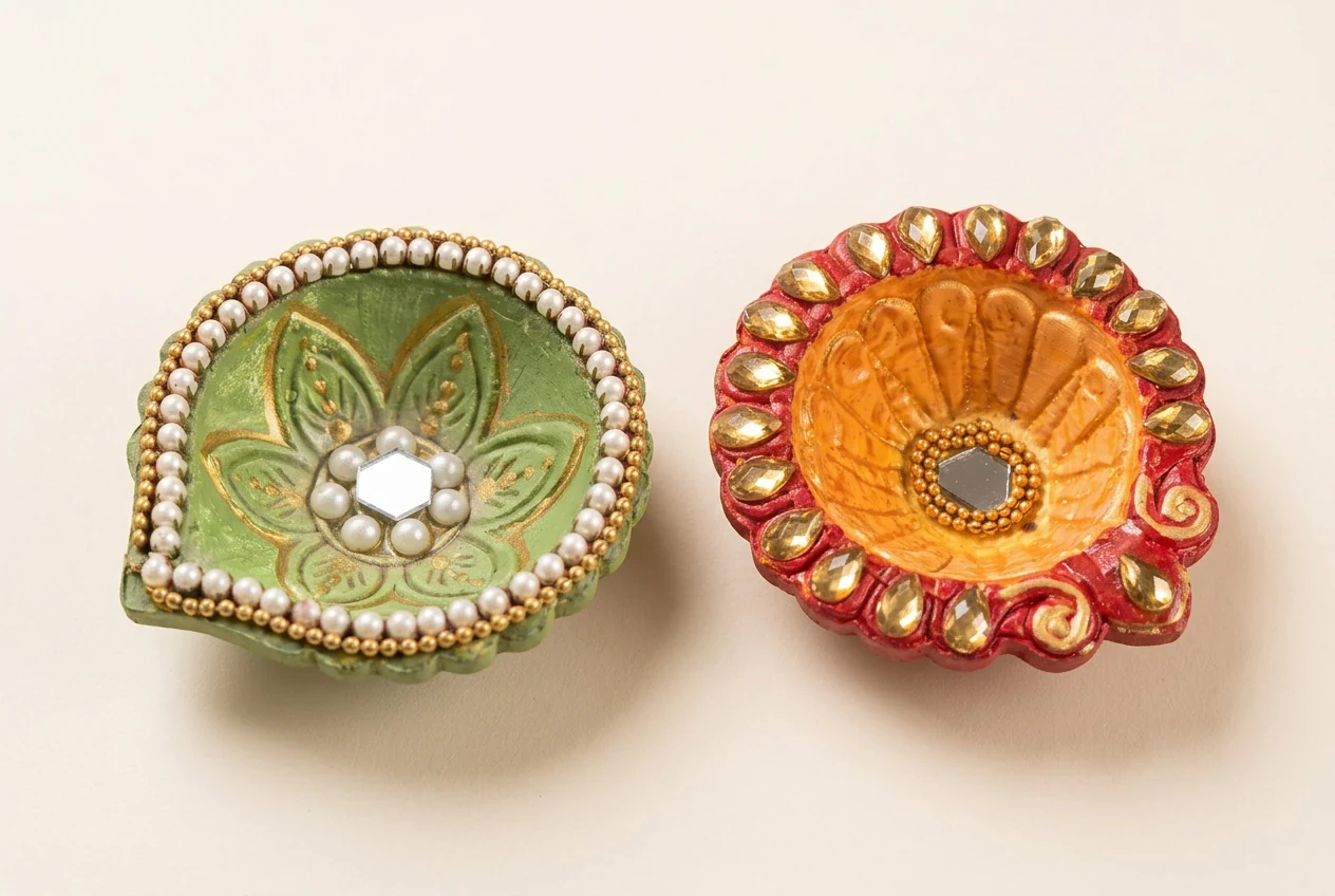 Pearl & Colour Diyas on a softly lit ivory surface