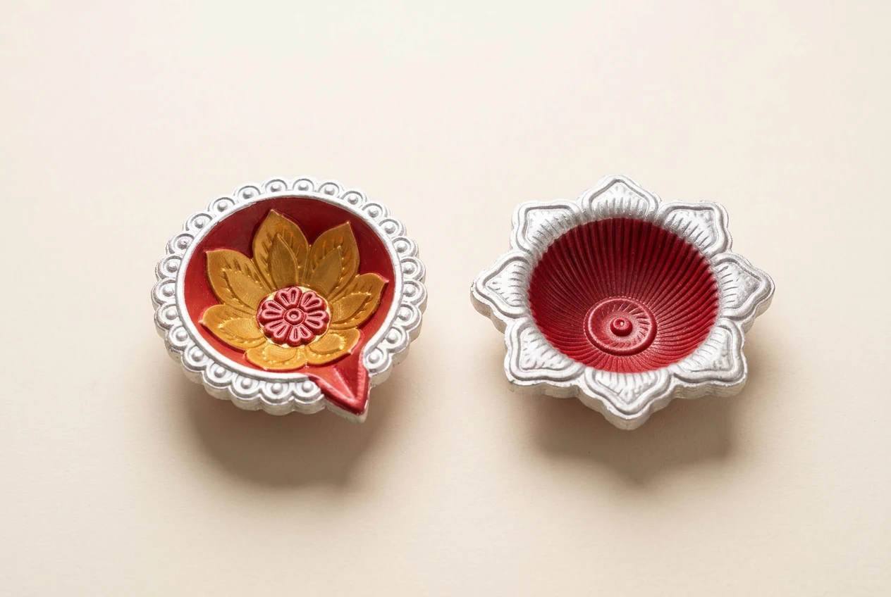 Silver & Gold Diyas on a softly lit ivory surface